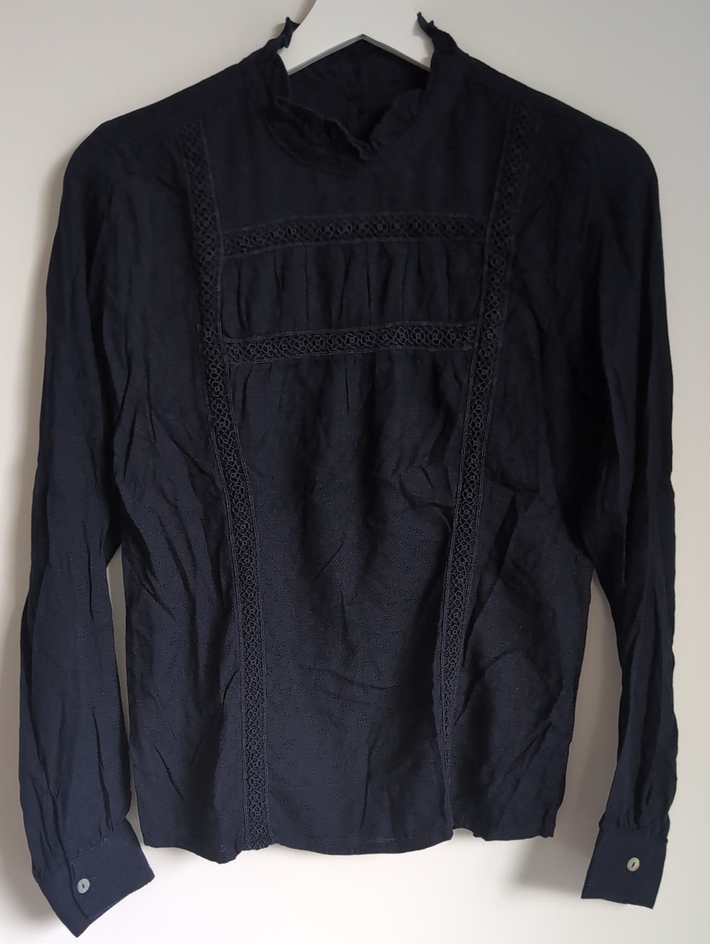 Reserved Navy Lace-Trim Button-Down Blouse